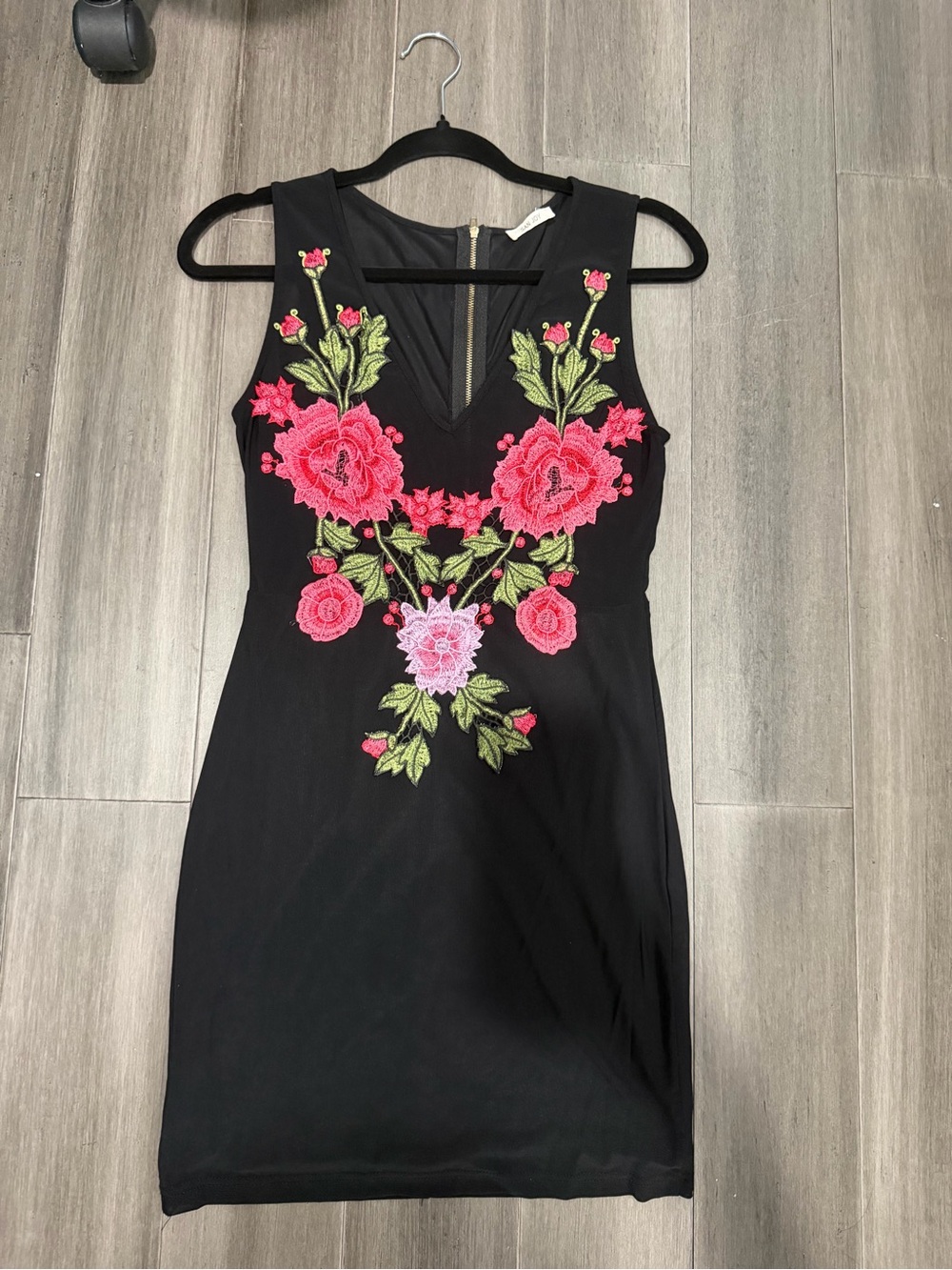 San Joy Black Mini Dress with Pink Floral Embroidery